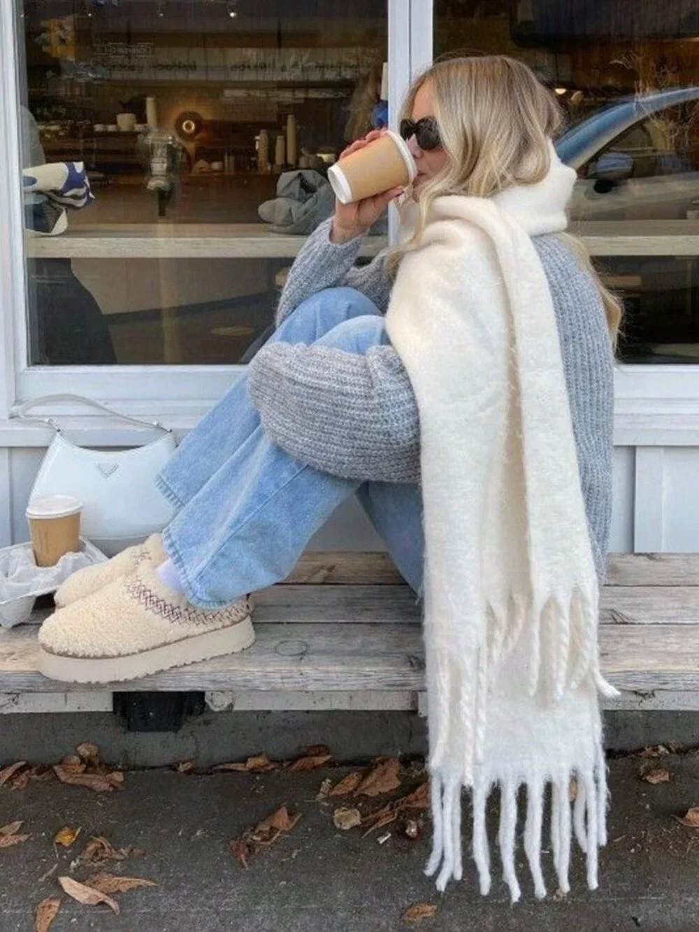 Cream cozy and warm Casual Women's Plain Plush Tassel Shawl scarf